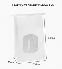 Large white tin-tie window bag, 155 x 70 x 242 mm