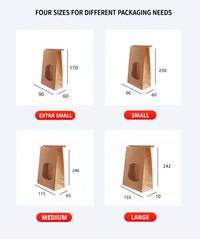 Four tin-tie window paper bag sizes for different packaging needs