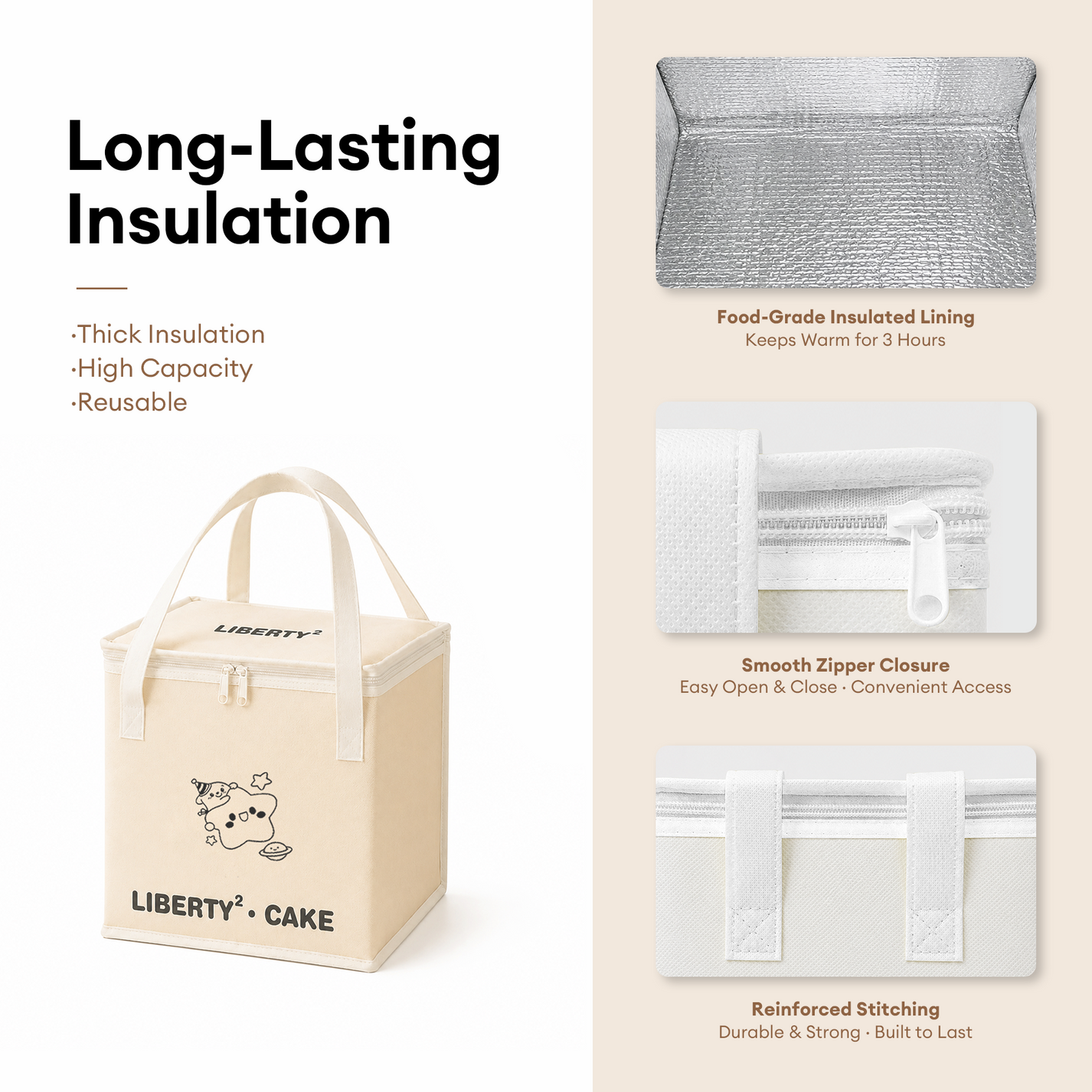 Custom Square Cake Insulated Cooler Takeout Tote Bag with Handle