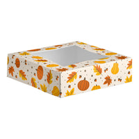 9 × 9 × 2 1/2 in · Autumn Print auto-pop clear window bakery box, reference 245993WBBLAUTUMN