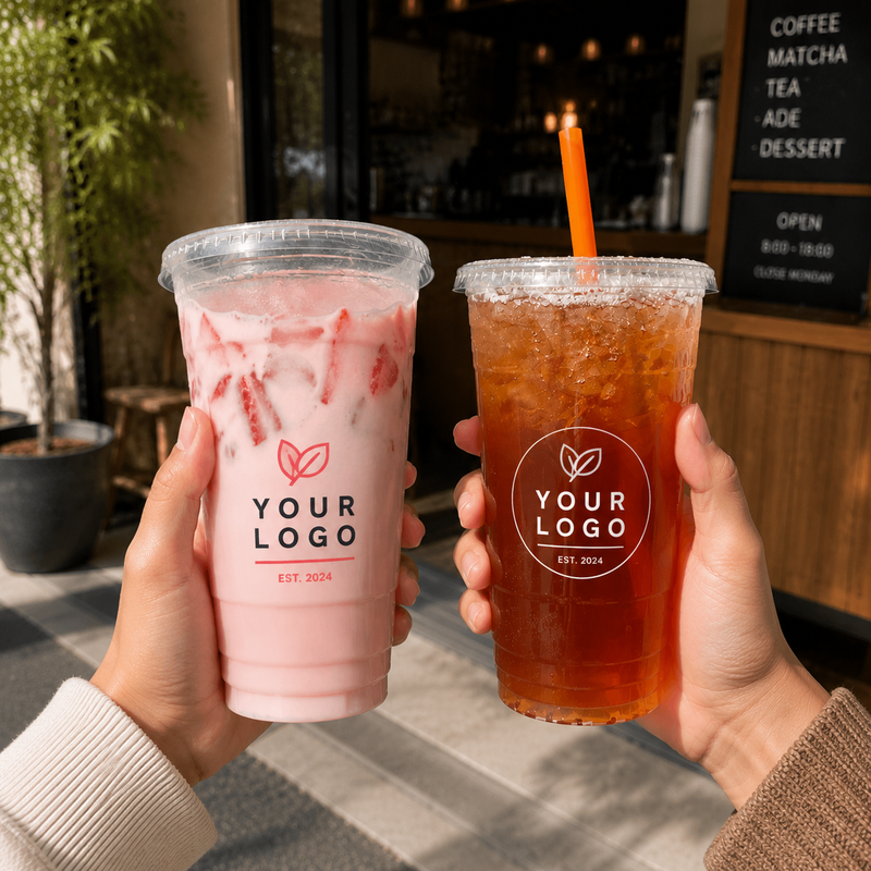 32oz Custom Print Clear PET Plastic Cups with Lids in Bulk - 107mm Rim