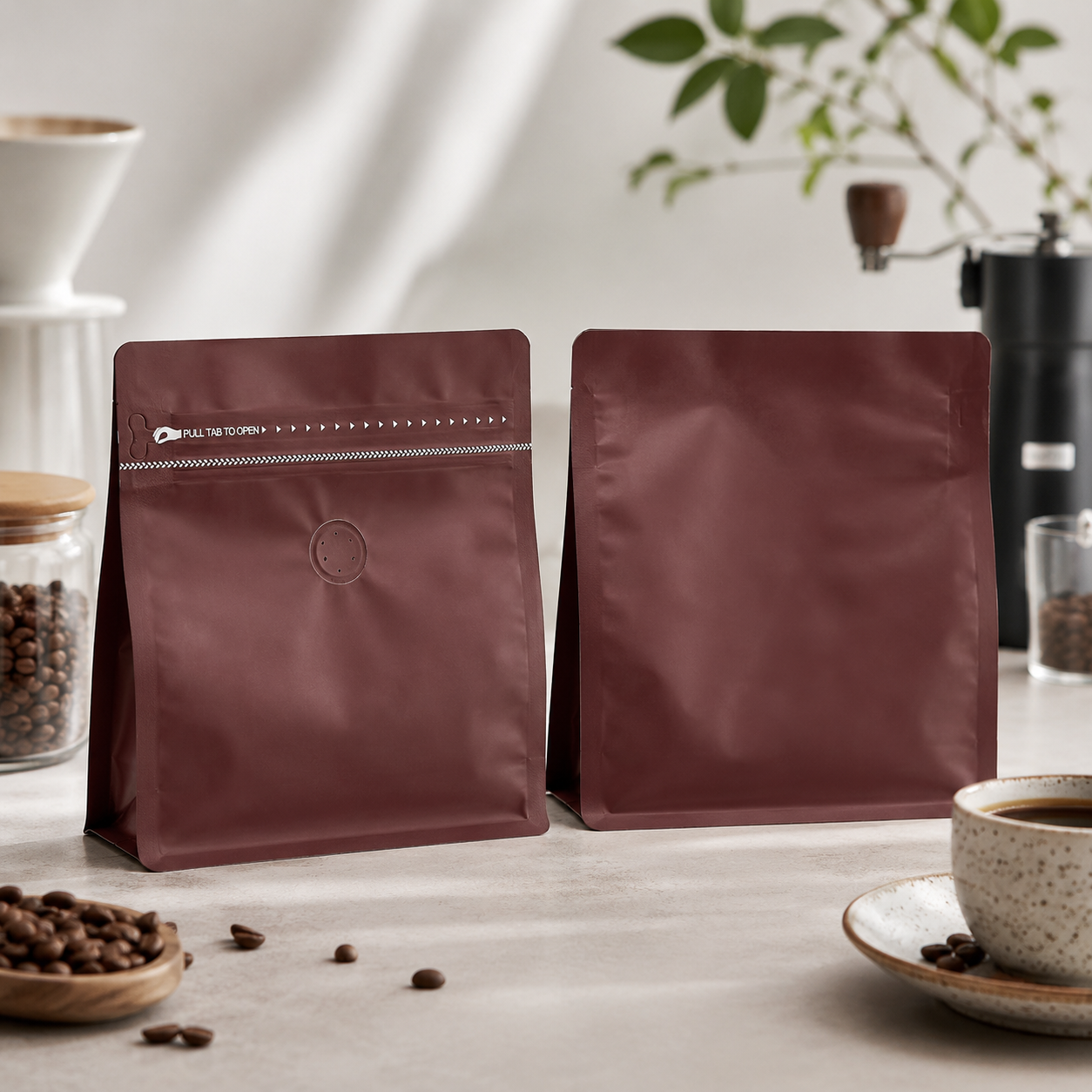 即納対応マットフラットボトム無地コーヒーバッグ – バルブ＆ジッパーオプション