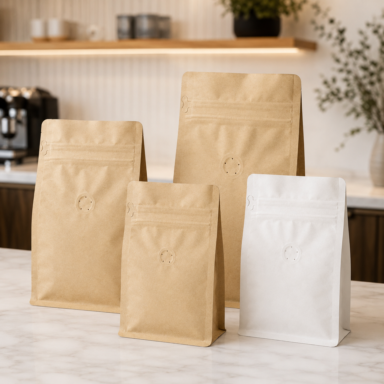 Ready-to-Ship Blank Kraft Coffee Bags – Valve & Zipper Options