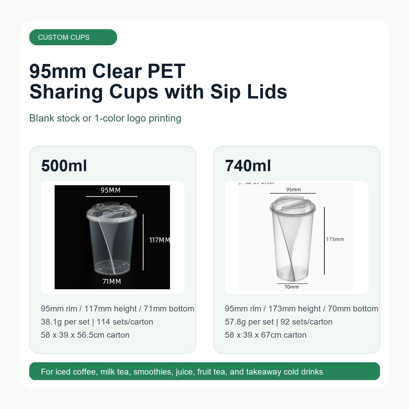 95mm clear PET sharing cups with sip lids in 500ml and 740ml
