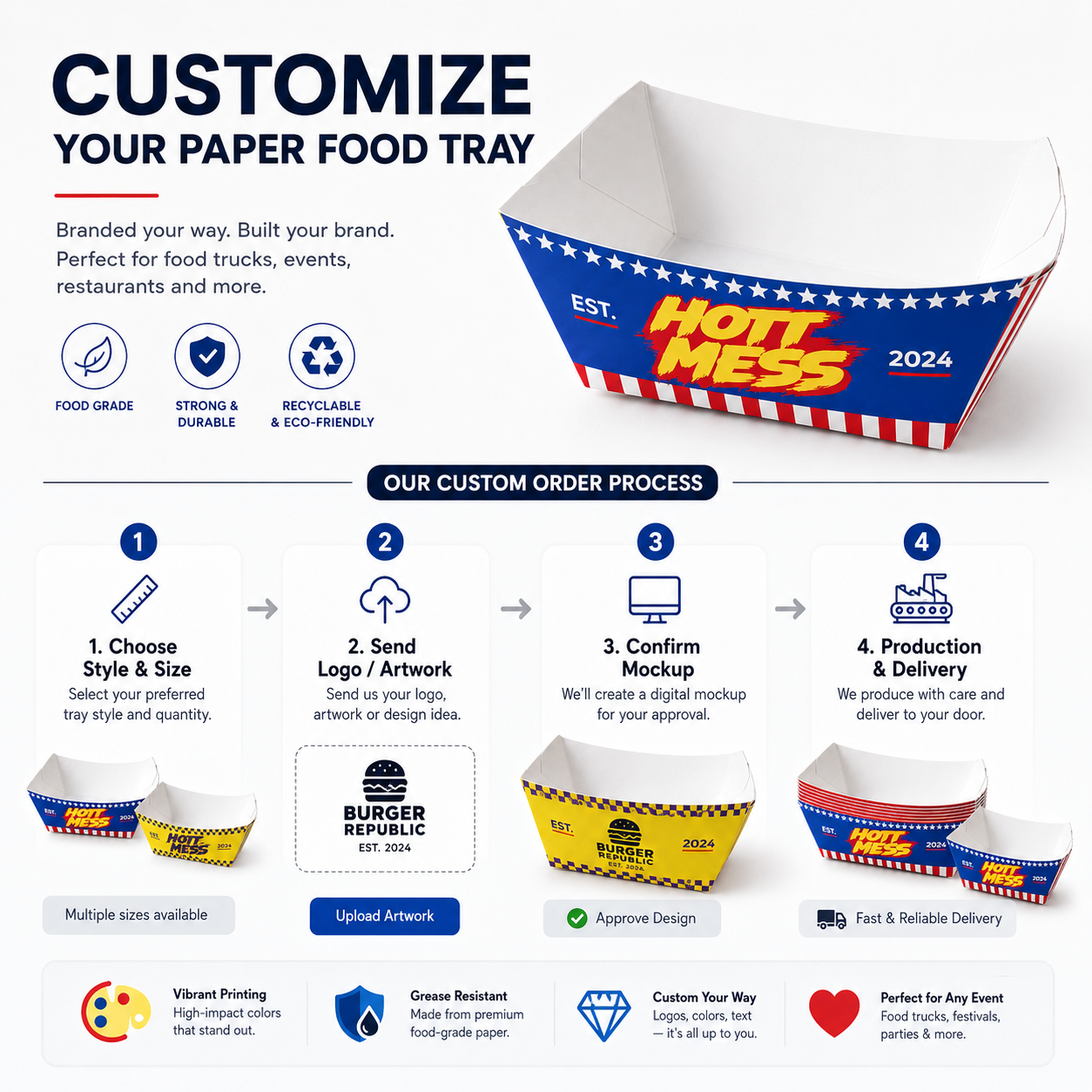 Custom Paper Food Trays Boat Pastry Boxes