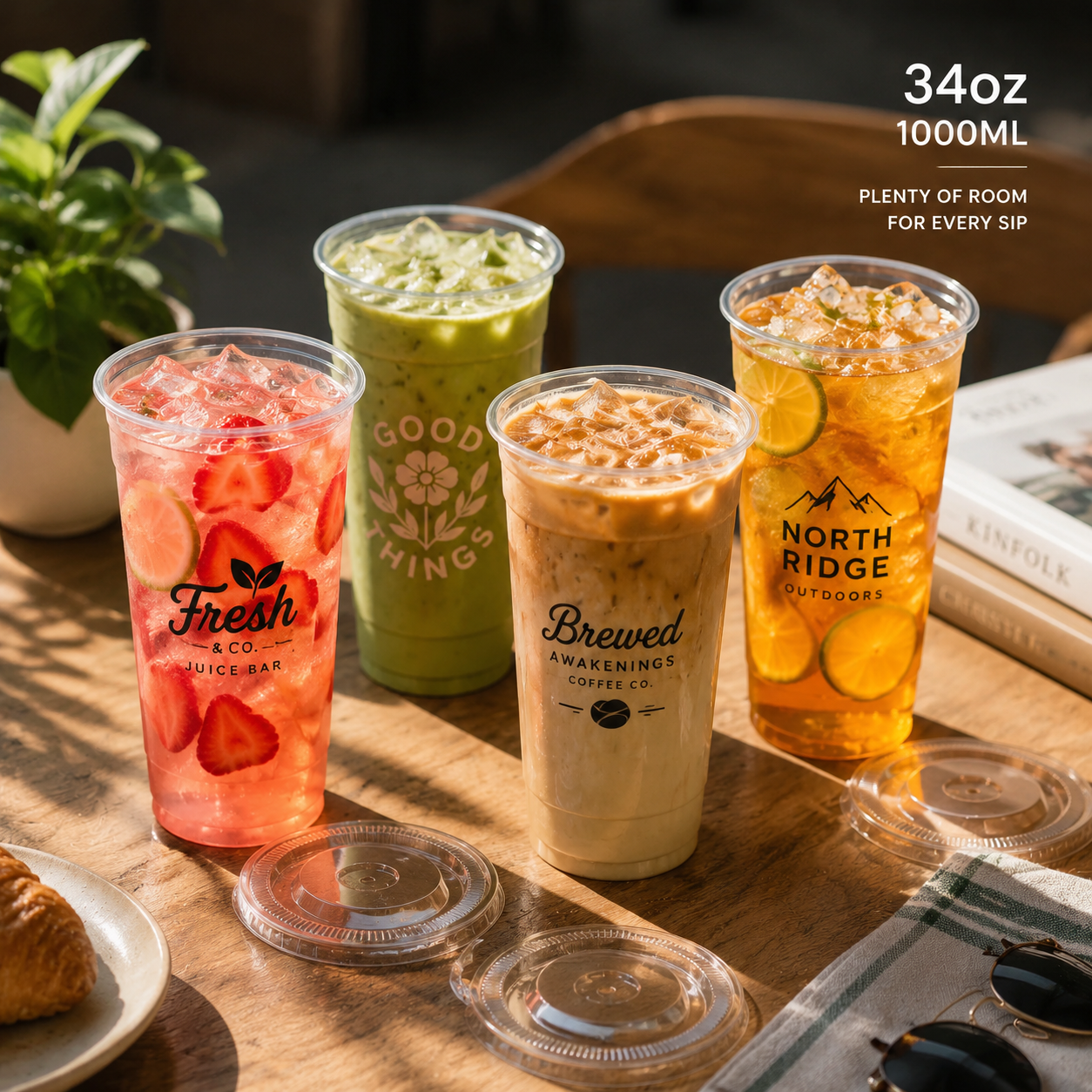 34oz Custom Print Clear PET Plastic Cups with Logo - 107mm Rim