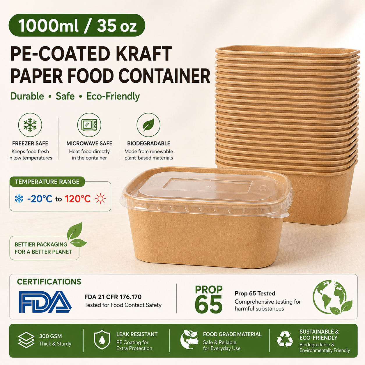 Rectangular Kraft Paper Food Containers with Clear PP Lids - 580ml to 1000ml Bulk