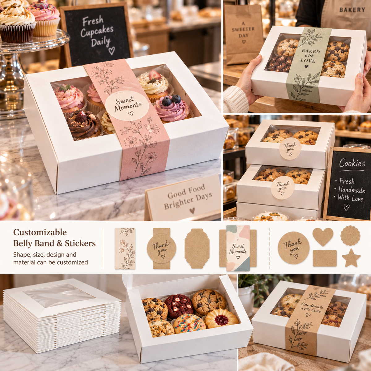 Kraft Cookie Boxes Auto Pop-Up Bakery Boxes with Window 8" x 8" x 2.5"