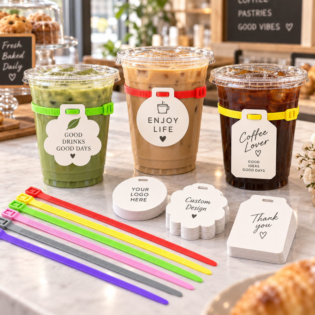 Ready-to-ship clear PET coffee cup set with colorful packaging ties and custom printed tags