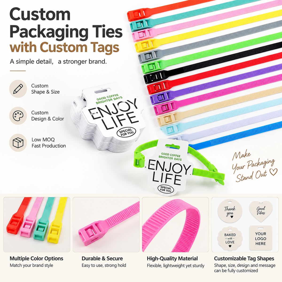 Custom packaging ties with printed tags in multiple colors and shapes