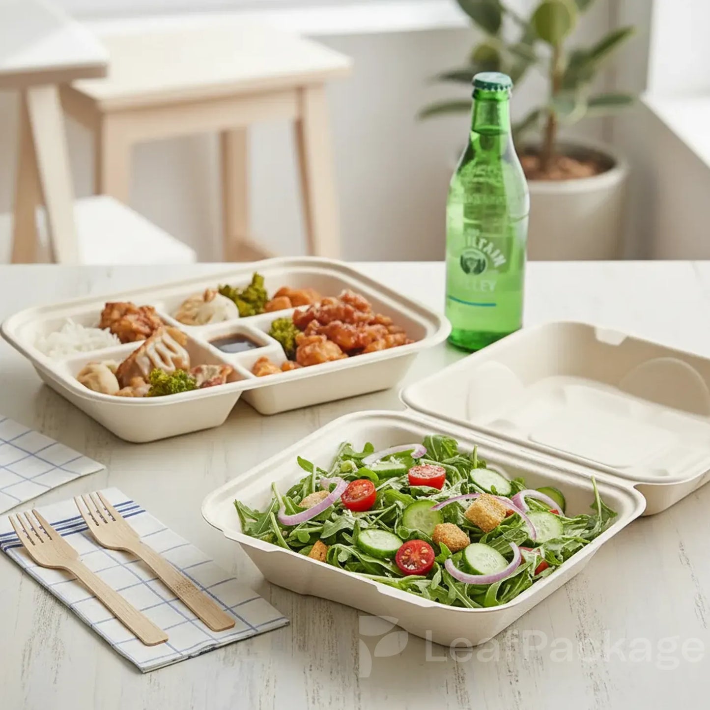 Sustainable clamshell food boxes made from sugarcane fiber, customizable with your brand logo for an eco-friendly packaging solution.