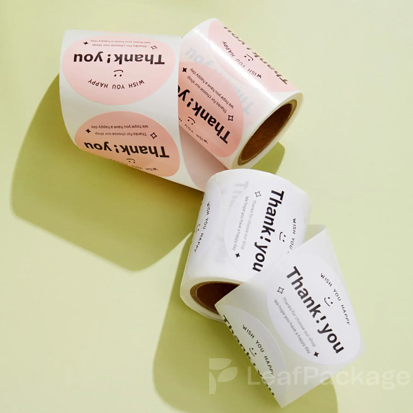 LeafPackage offers customizable coated roll stickers, fully recyclable and ideal for jars, bottles, and small business packaging solutions.