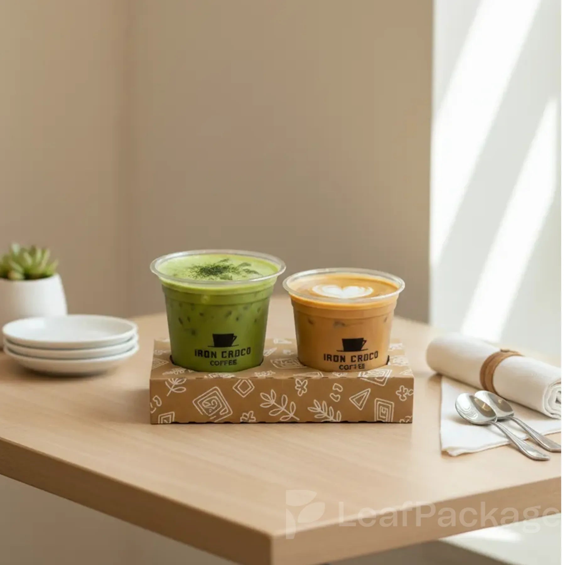 Eco-friendly detachable cup holders from LeafPackage, made with FSC certified corrugated paper, fully printable and sustainable for branding.
