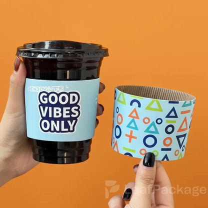 FSC-certified double-layer corrugated cup sleeves, fully printable for small business branding and sustainable packaging solutions.