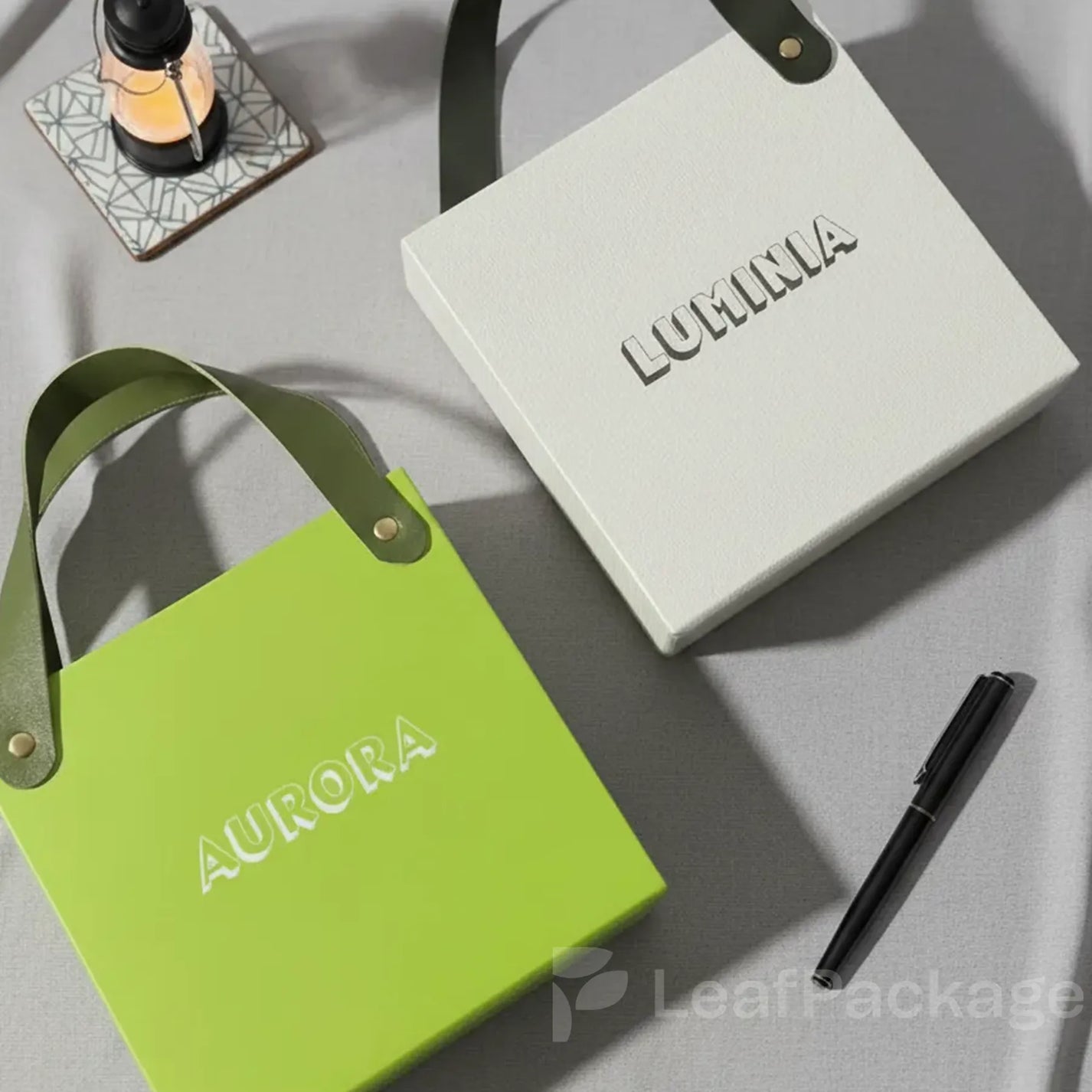 LeafPackage custom drawer box with handle, available in kraft, specialty, or white card paper for eco-conscious brands and small business packaging.