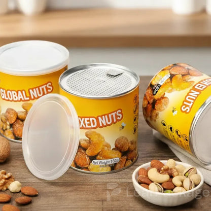 A biodegradable paper tube for nuts and snacks, customizable for small businesses, perfect for sustainable packaging solutions.