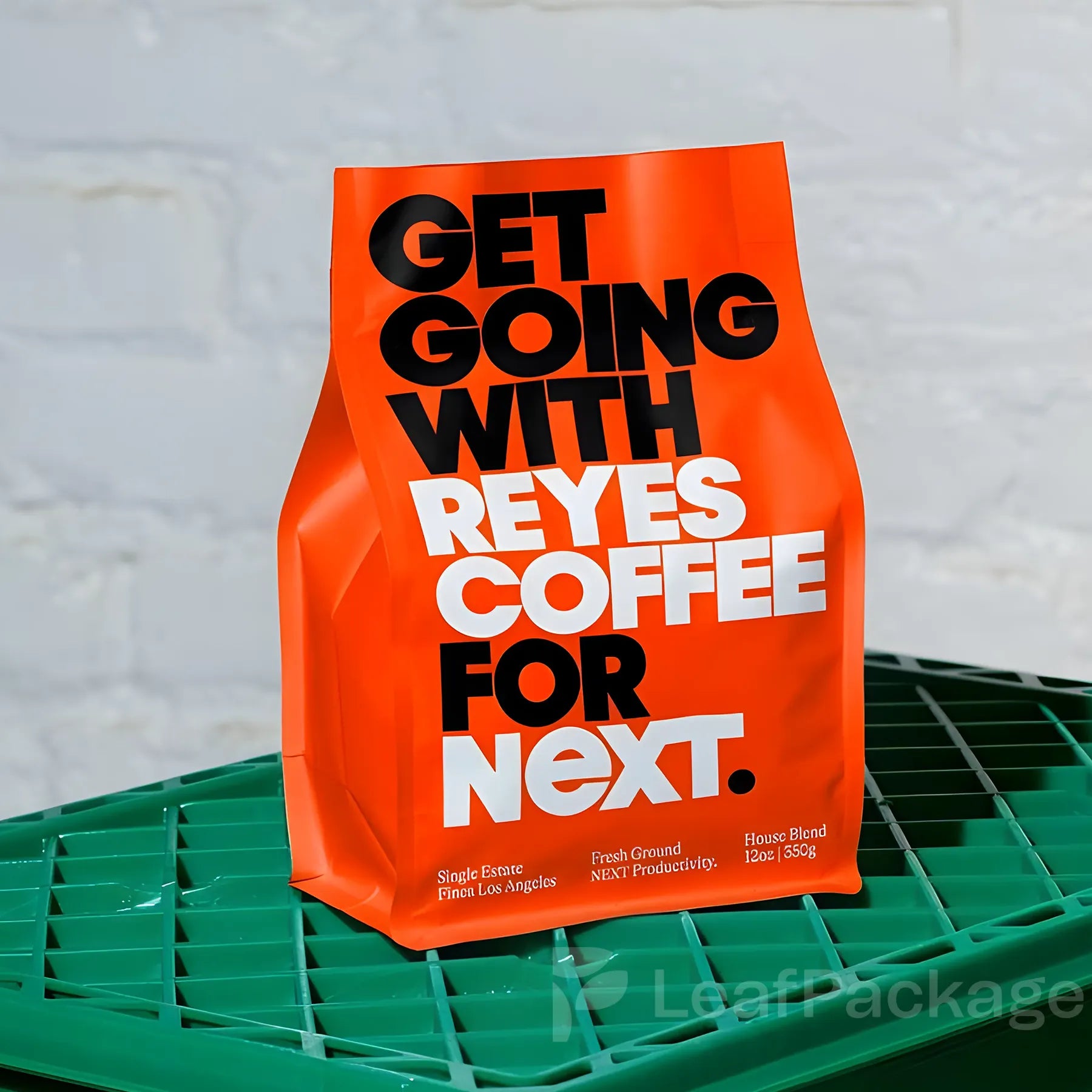 LeafPackage custom eight-side sealed coffee bags made with recyclable and sustainable materials, ideal for small business coffee packaging.