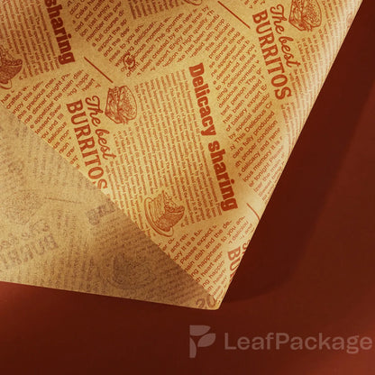 Sustainably made custom greaseproof food wrap paper from LeafPackage, offering compostable and recyclable material options. Perfect for eco-conscious cafés and takeout brands.