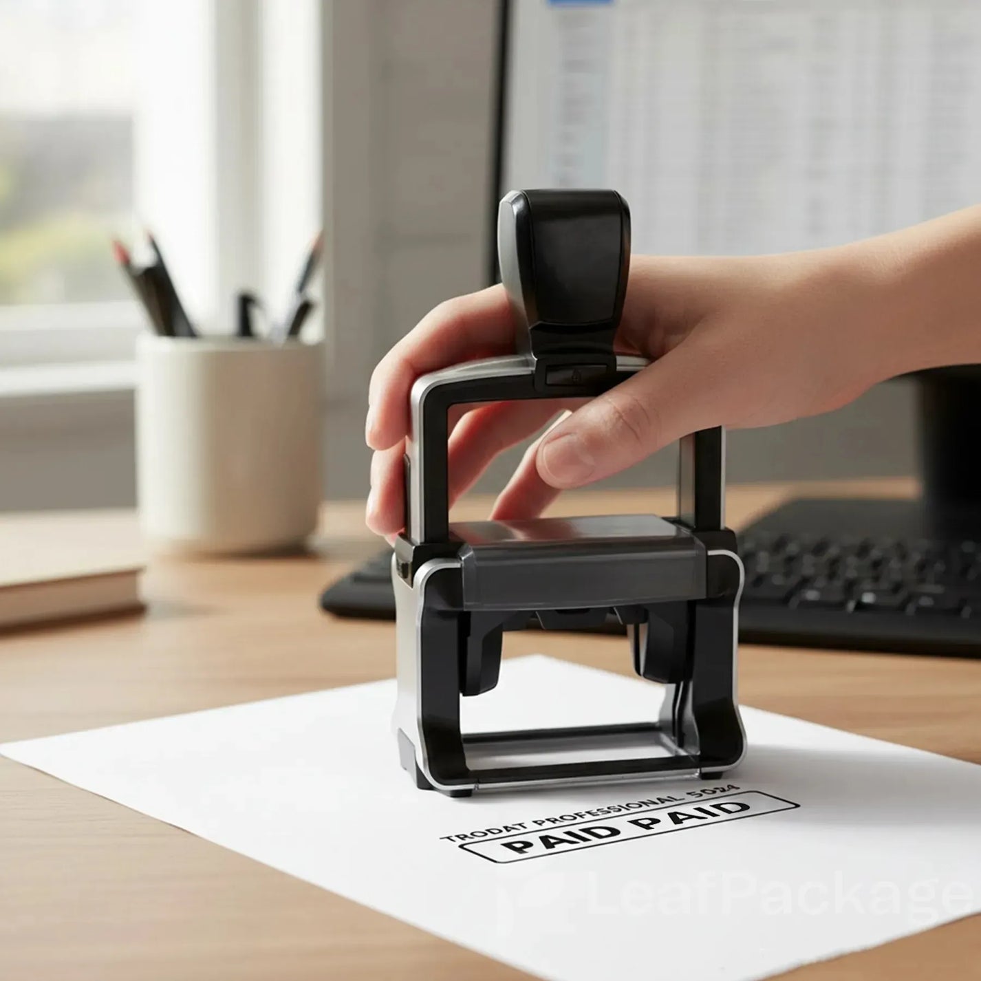 Heavy duty self inking stamp with custom logo and text, ideal for small businesses looking for durable, long lasting office or packaging tools.