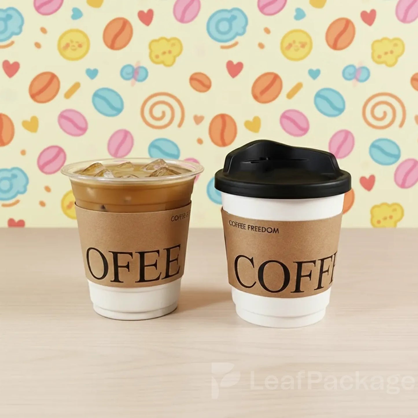 LeafPackage custom kraft cup sleeves made from recyclable paper, fully printable for branding, designed for eco-friendly small businesses.