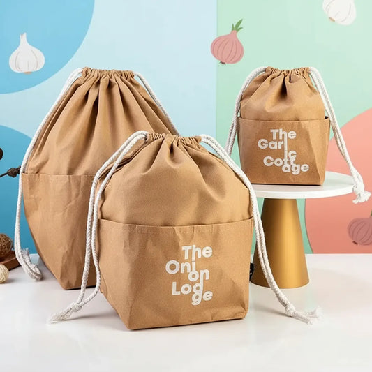Eco-friendly kraft paper drawstring bags, perfect for small batch customization and sustainable packaging for small businesses and gift packaging