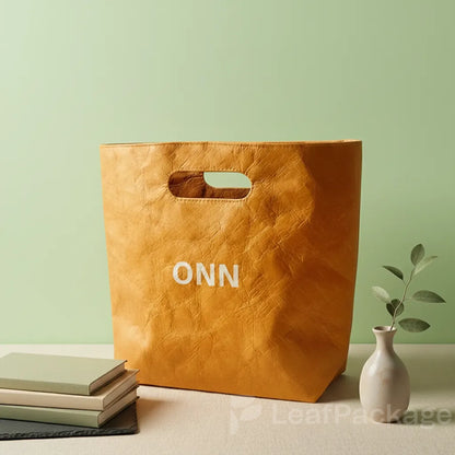 Eco-friendly die-cut kraft paper tote bags, perfect for small business branding and sustainable packaging solutions.