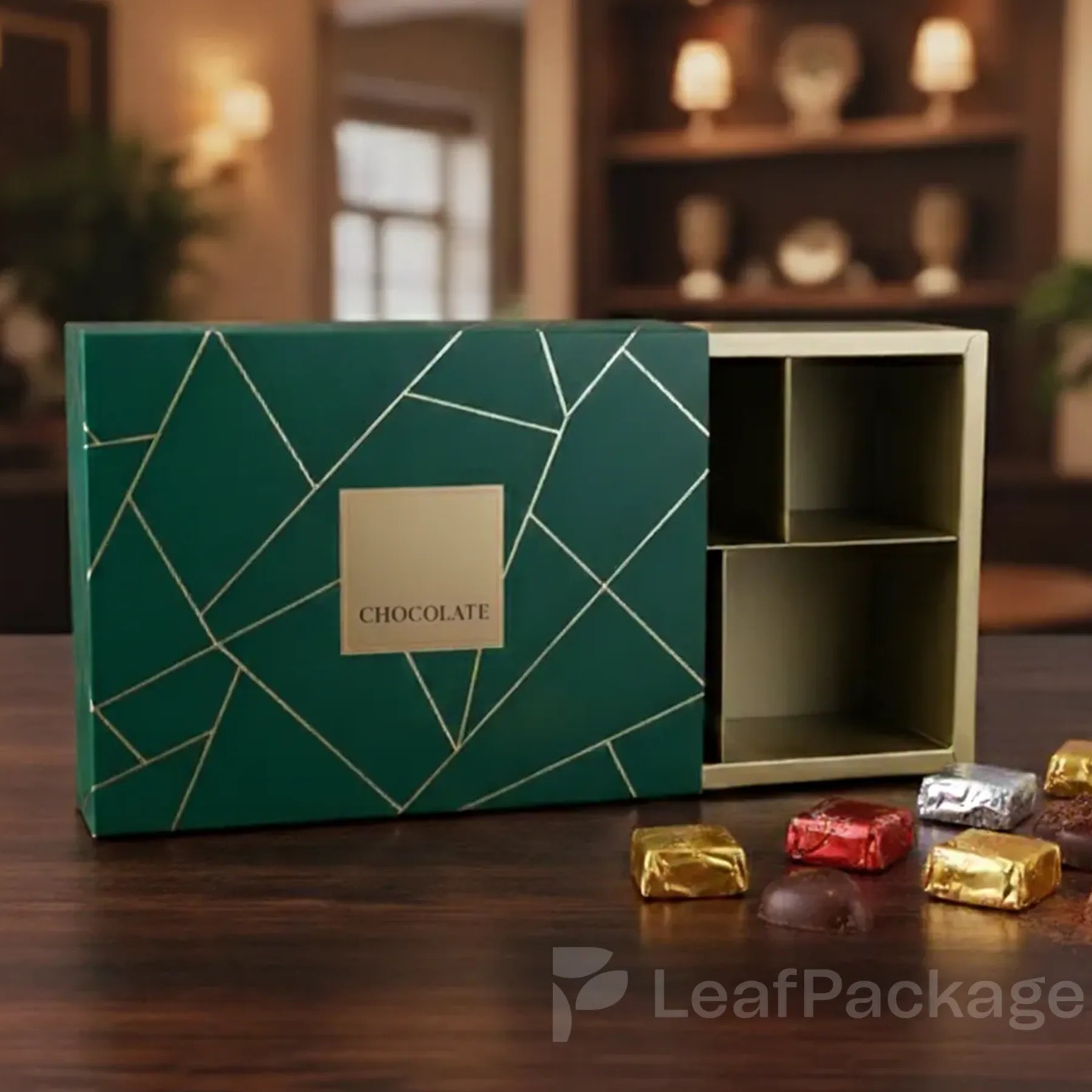Premium custom luxury chocolate box made from sustainable materials by LeafPackage, ideal for small business packaging and gift presentation.