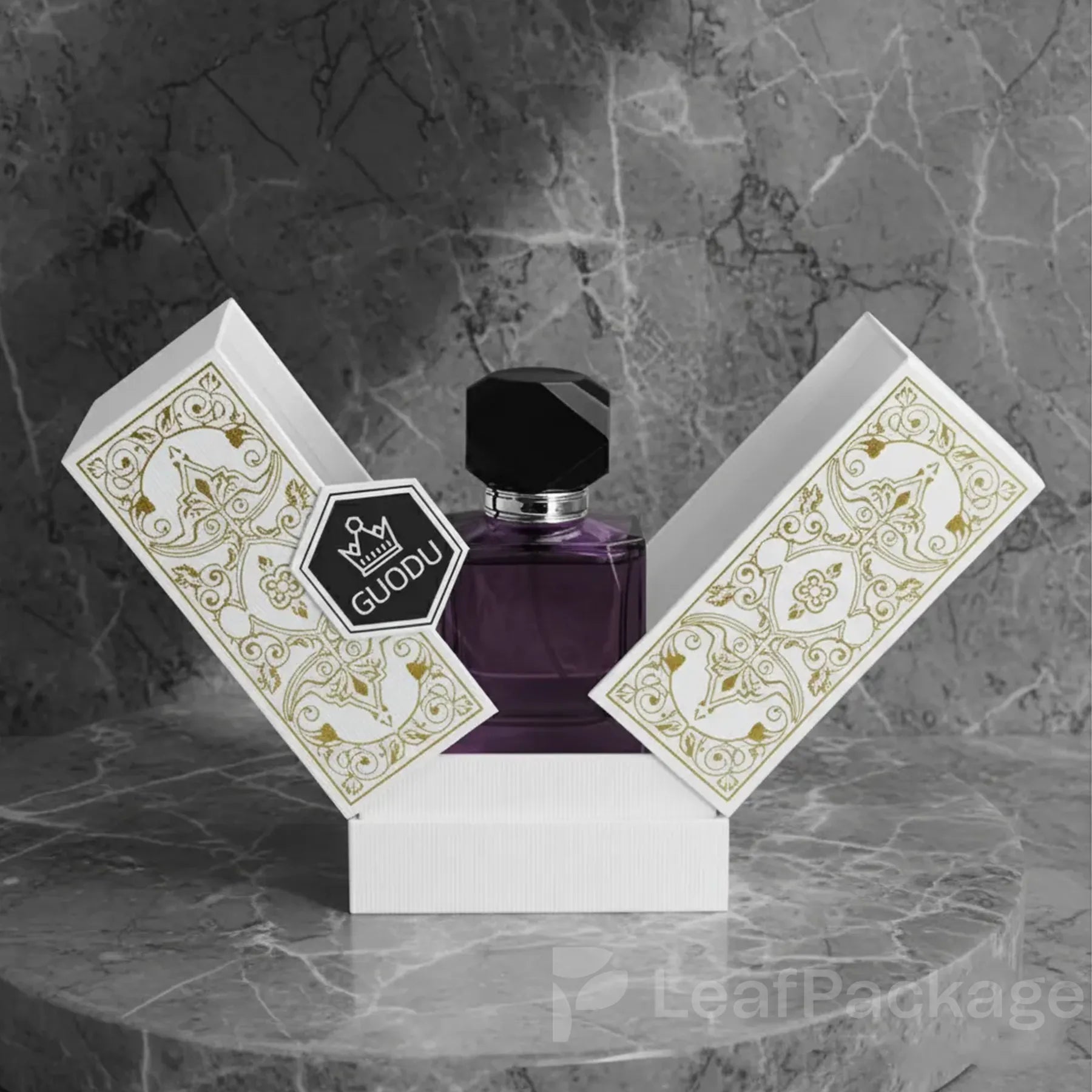 LeafPackage luxury perfume box made with eco-friendly paper and premium finishes, perfect for high-end fragrance brands seeking sustainable custom packaging.