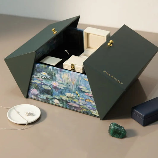 Premium magnetic flip-open jewelry box custom made for small business packaging, eco-friendly and stylish by LeafPackage.