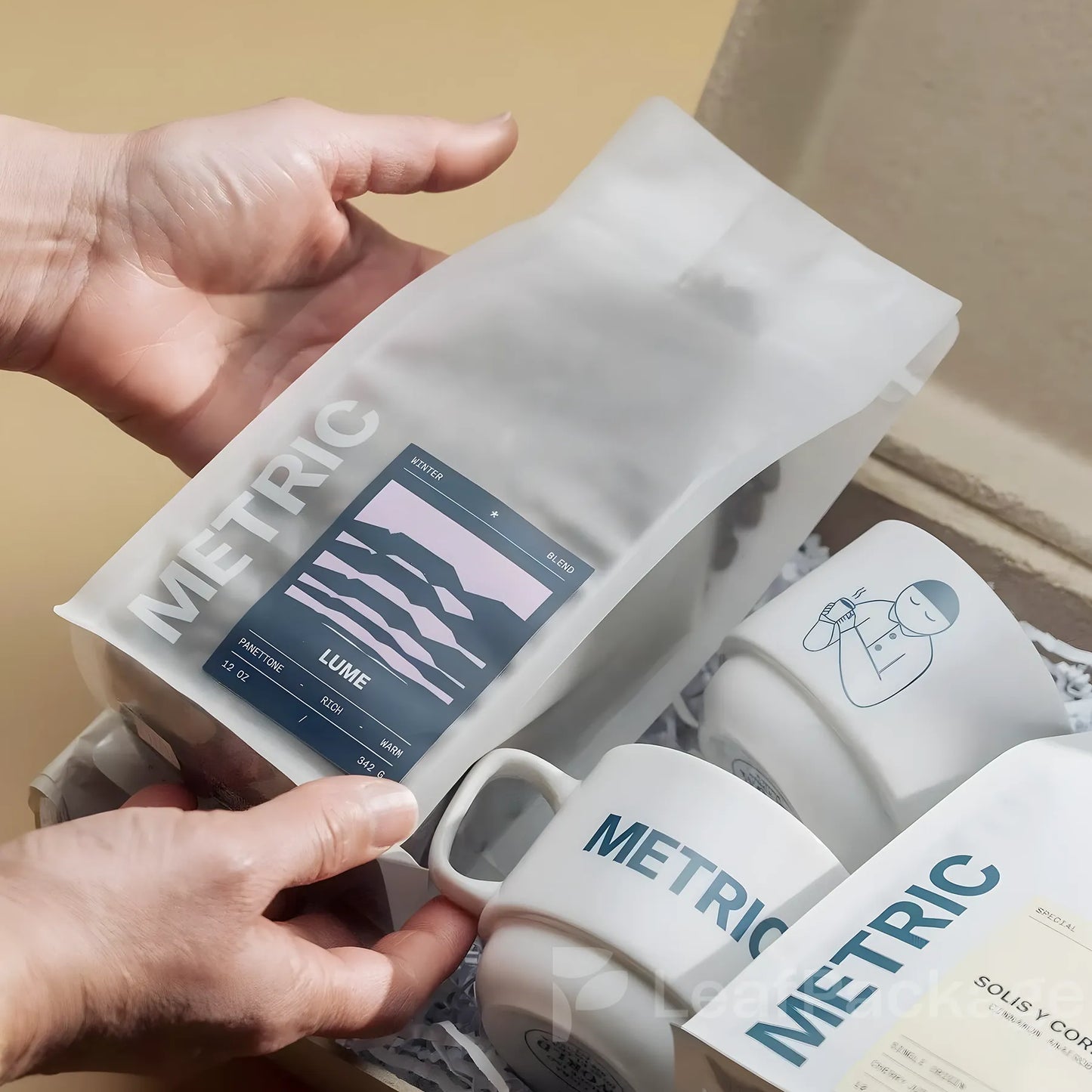 LeafPackage custom matte coffee bags with zipper seal, made from eco-friendly material, perfect for small business coffee brands and roasters.