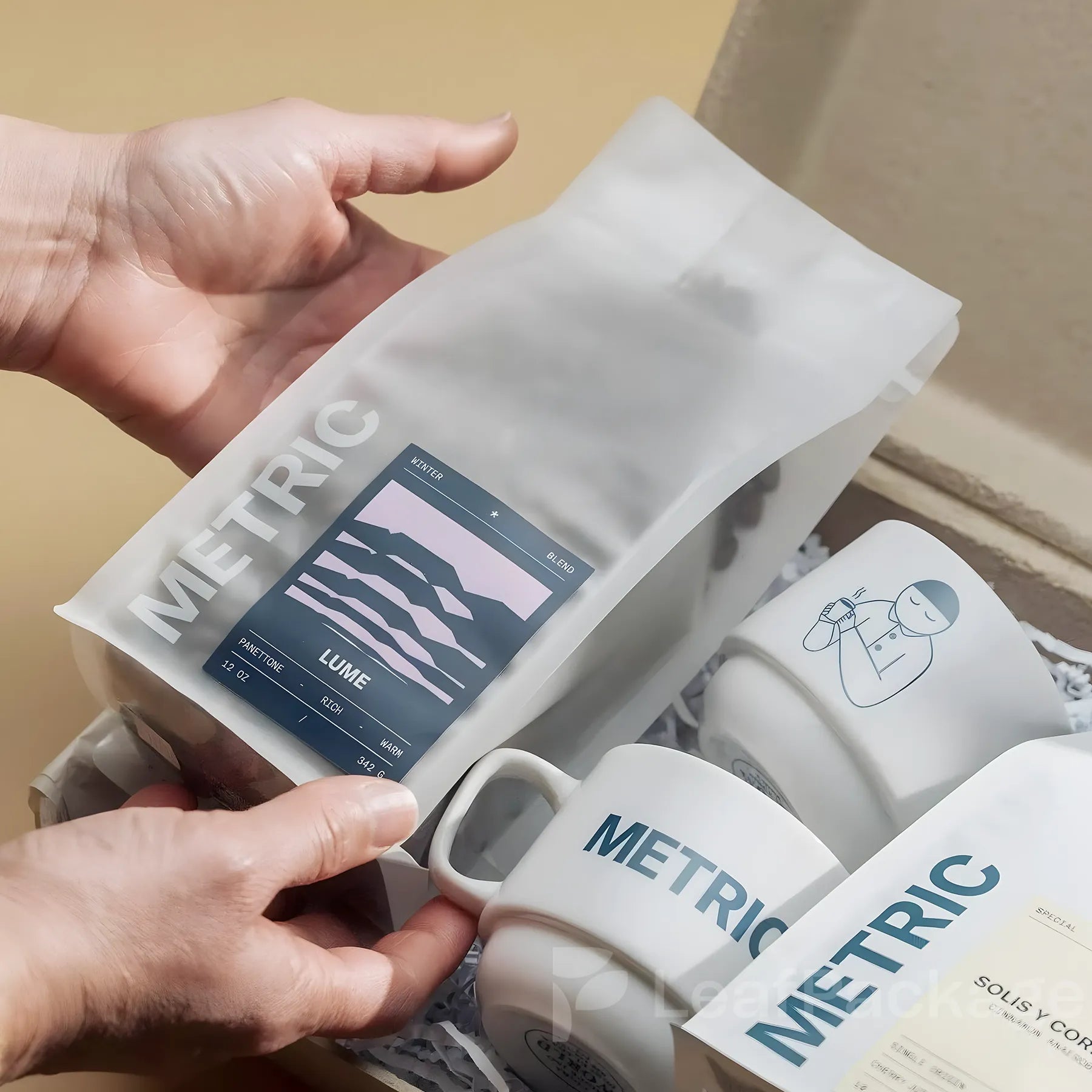 LeafPackage custom matte coffee bags with zipper seal, made from eco-friendly material, perfect for small business coffee brands and roasters.