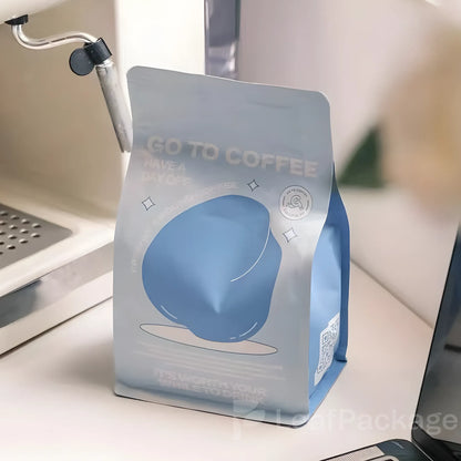 Personalized eight-side sealed coffee bags with high-quality printing, perfect for small businesses to showcase logos and brand identity.