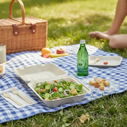 Personalize your sustainable packaging with LeafPackage’s custom printed sugarcane fiber clamshell containers — durable, compostable, and stylish.