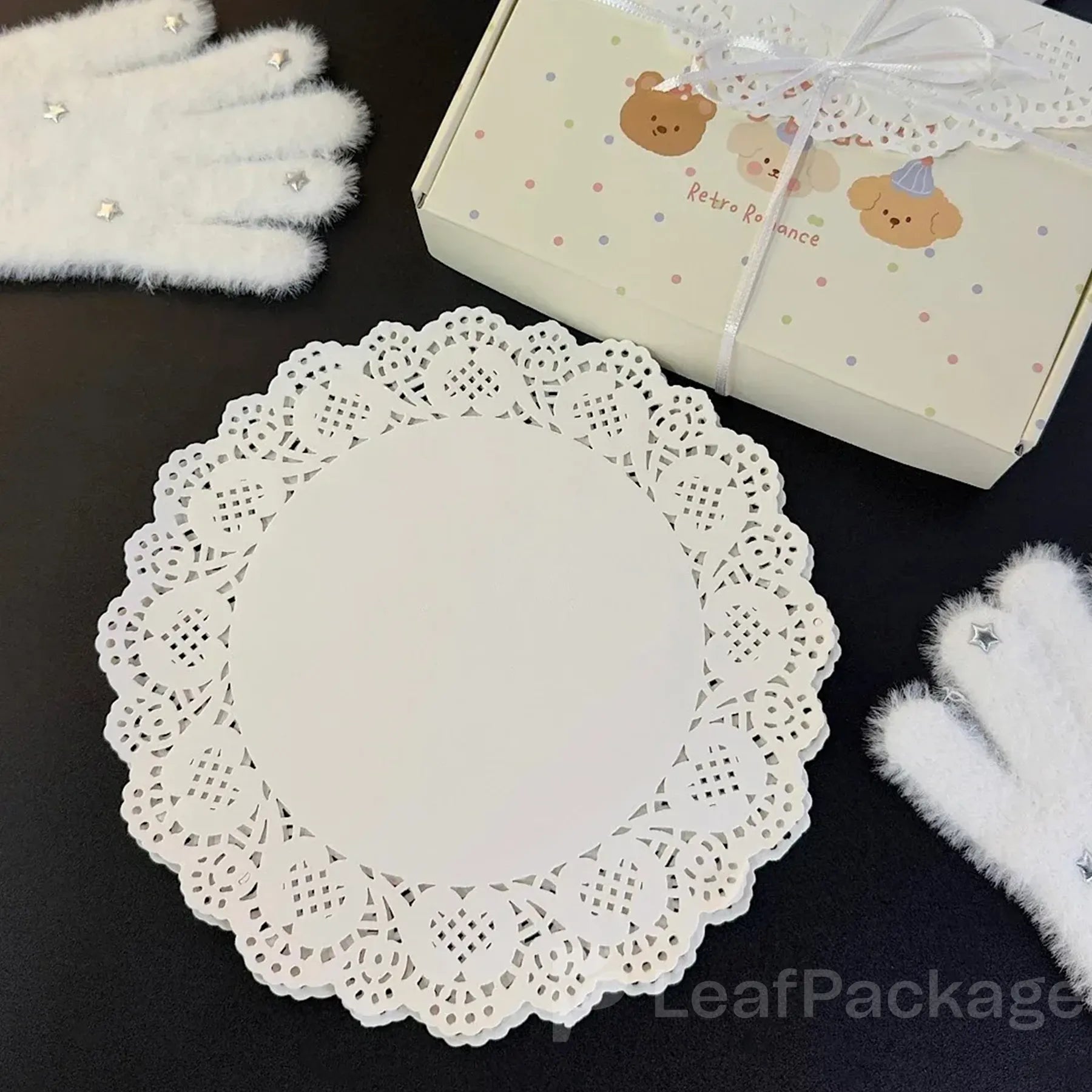 LeafPackage custom round lace food paper doilies made from food-grade paper, ideal for bakery displays, dessert packaging, and eco-friendly serving presentations.