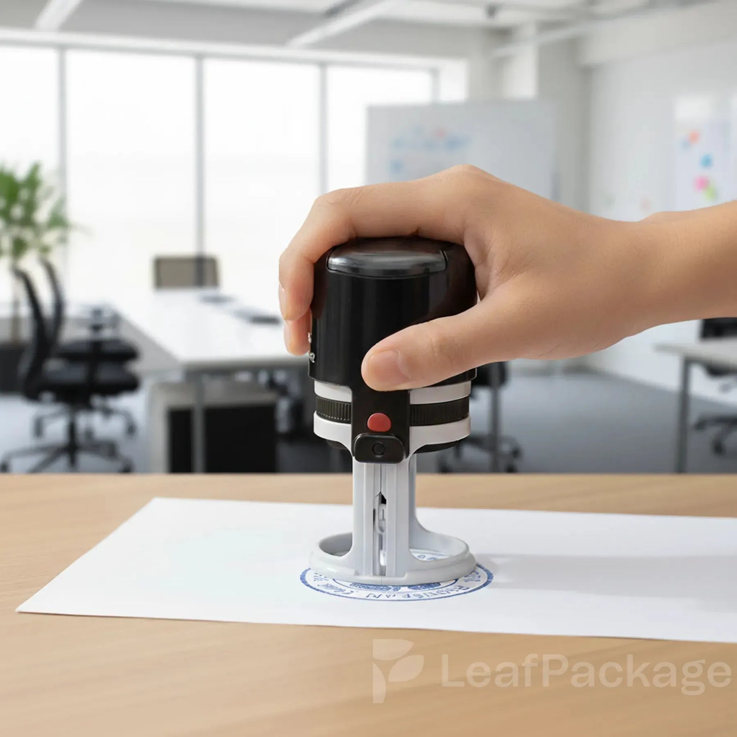 Custom self inking stamp with personalized logo or text, perfect for small businesses seeking efficient and eco friendly office solutions.