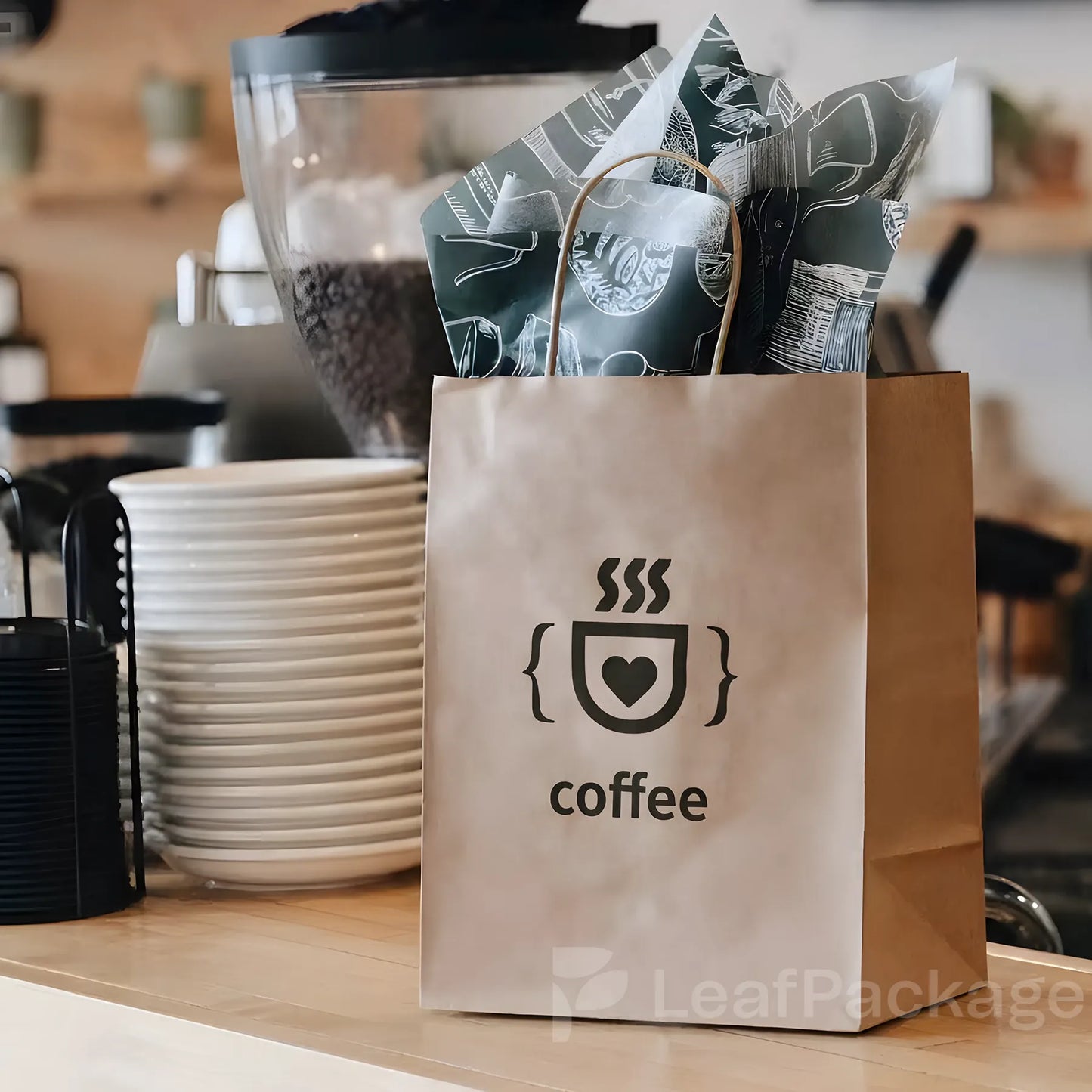 LeafPackage custom stand up coffee bags, resealable and made from food-grade eco-friendly material, available in multiple sizes and finishes.