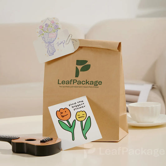 LeafPackage custom stand up paper bags made from eco-friendly kraft paper, ideal for small business packaging with custom logo printing.