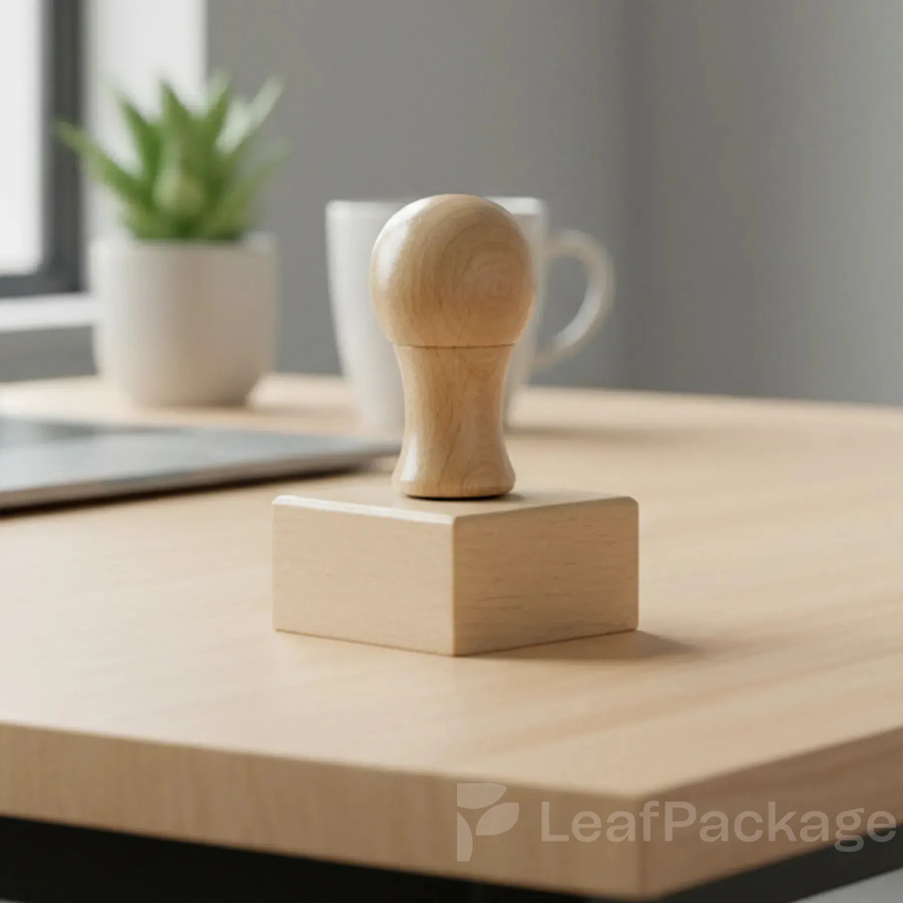 Personalized wooden hand stamp with durable rubber base, perfect for branding small business packaging and eco-friendly craft products.