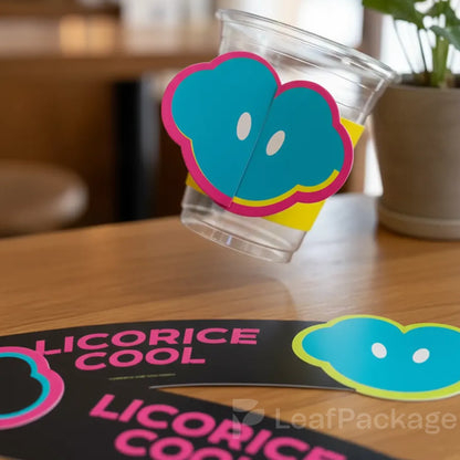 LeafPackage custom shaped cup sleeves made from recyclable, FSC certified paper, perfect for unique branding and sustainable packaging solutions.