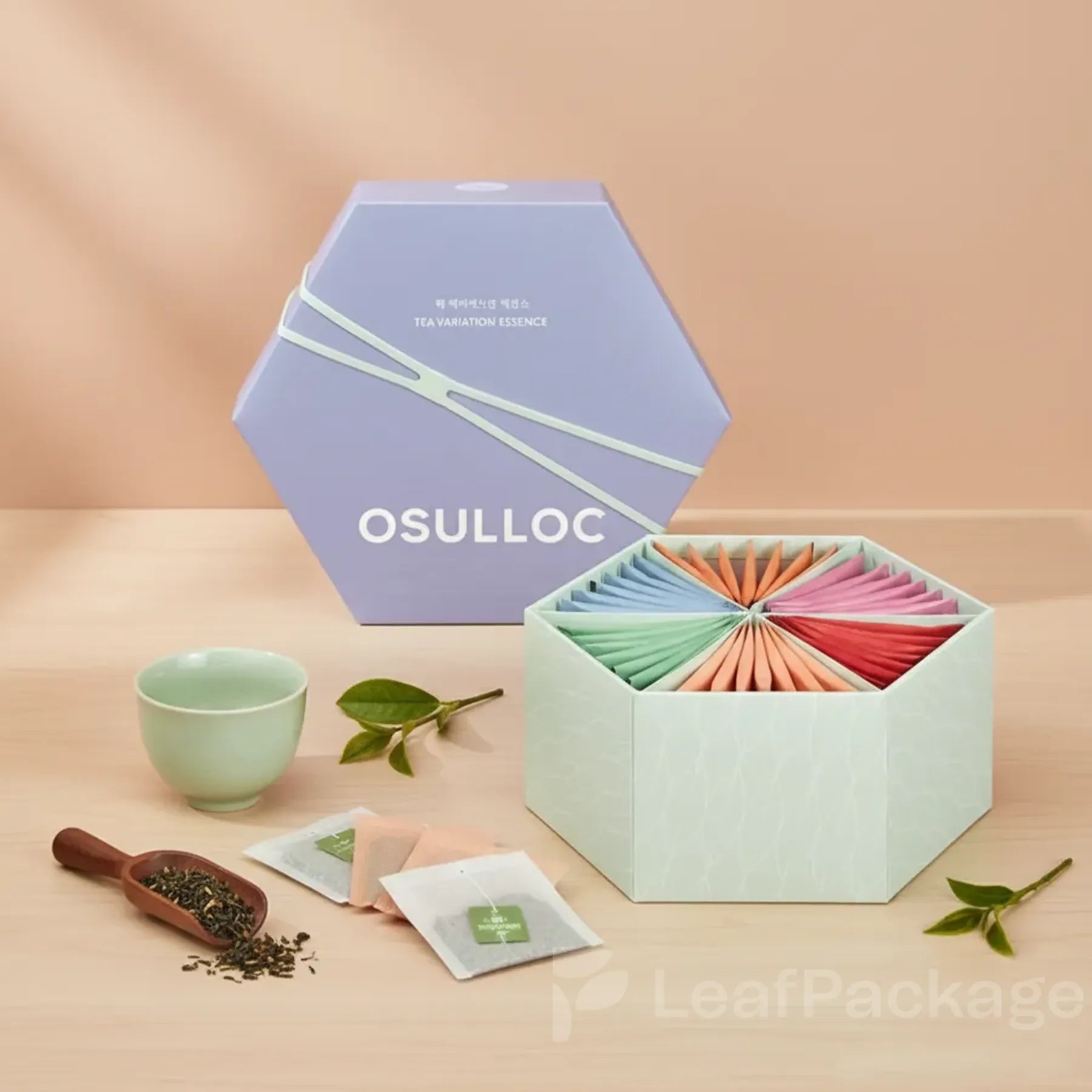 LeafPackage custom hexagon tea box made from recyclable paper, offering eco-friendly and elegant packaging for premium tea brands.