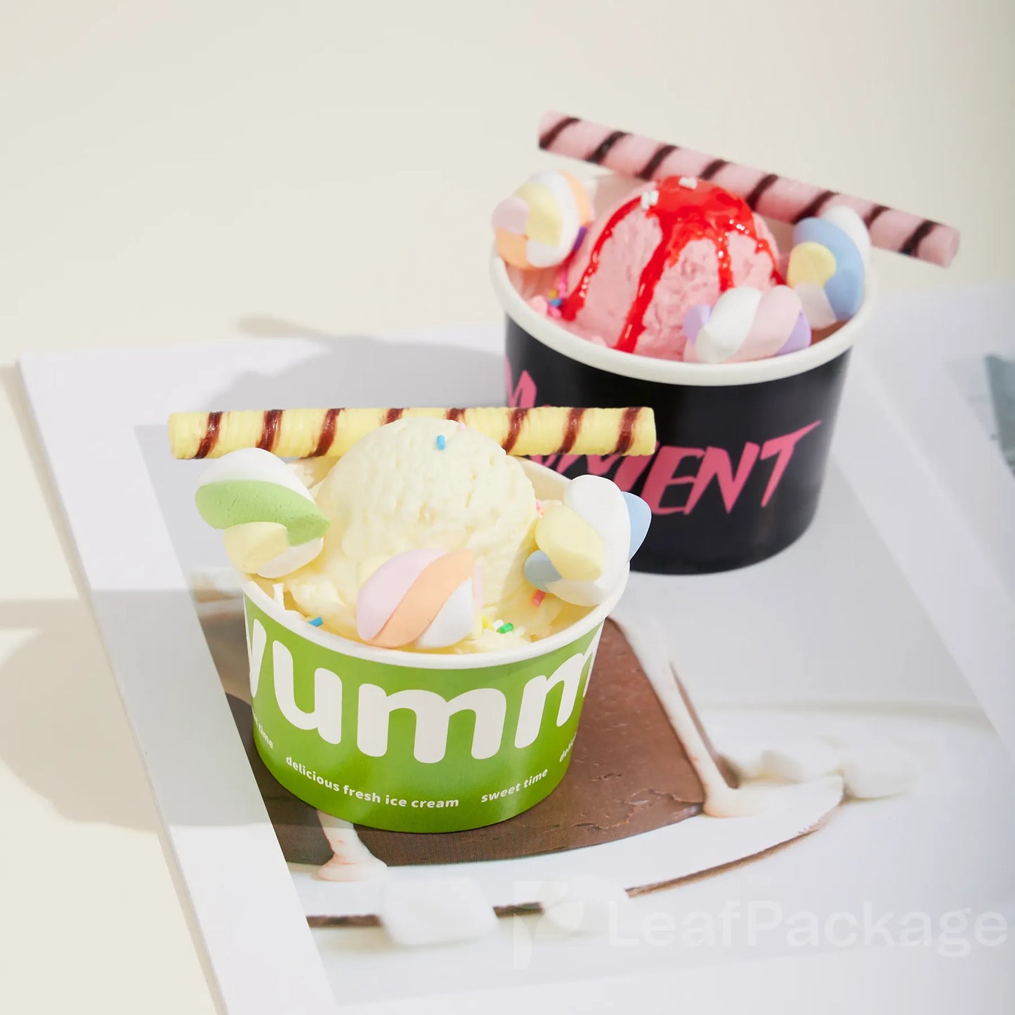 Personalized ice cream cups made from sustainable paper, perfect for small businesses seeking eco-friendly and customizable packaging solutions.