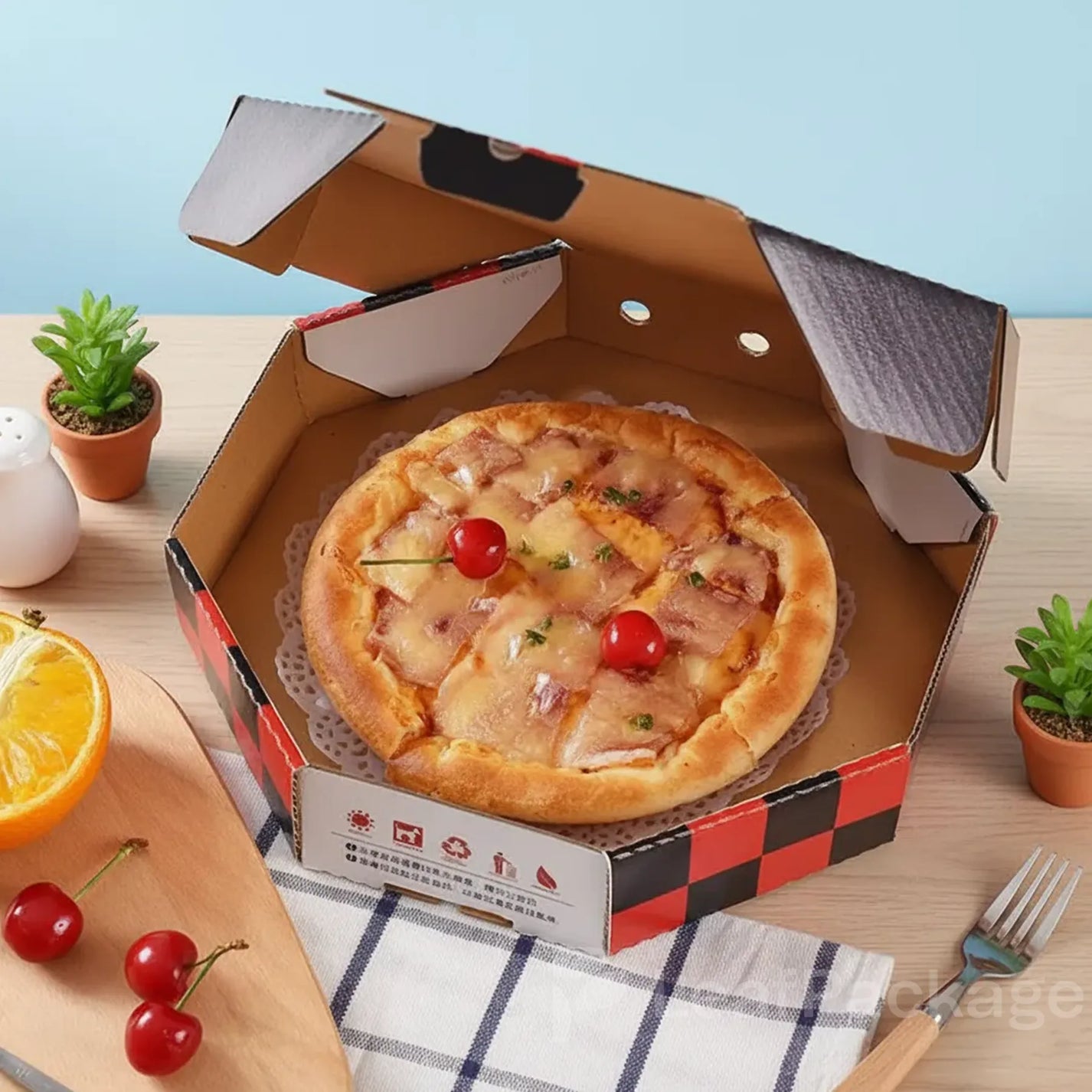 Sustainable octagonal pizza box with custom printing, perfect for small business packaging and eco-conscious food delivery solutions.