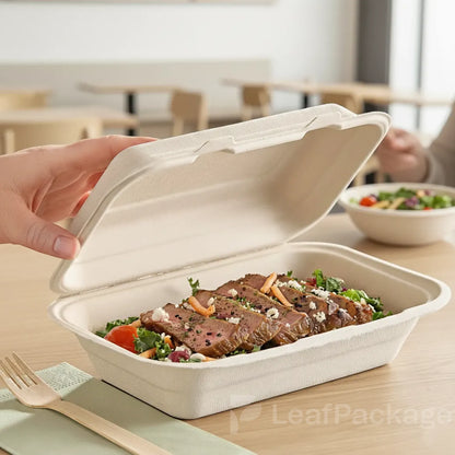 LeafPackage custom sugarcane fiber clamshell packaging — biodegradable takeout containers perfect for eco-conscious restaurants and small businesses.