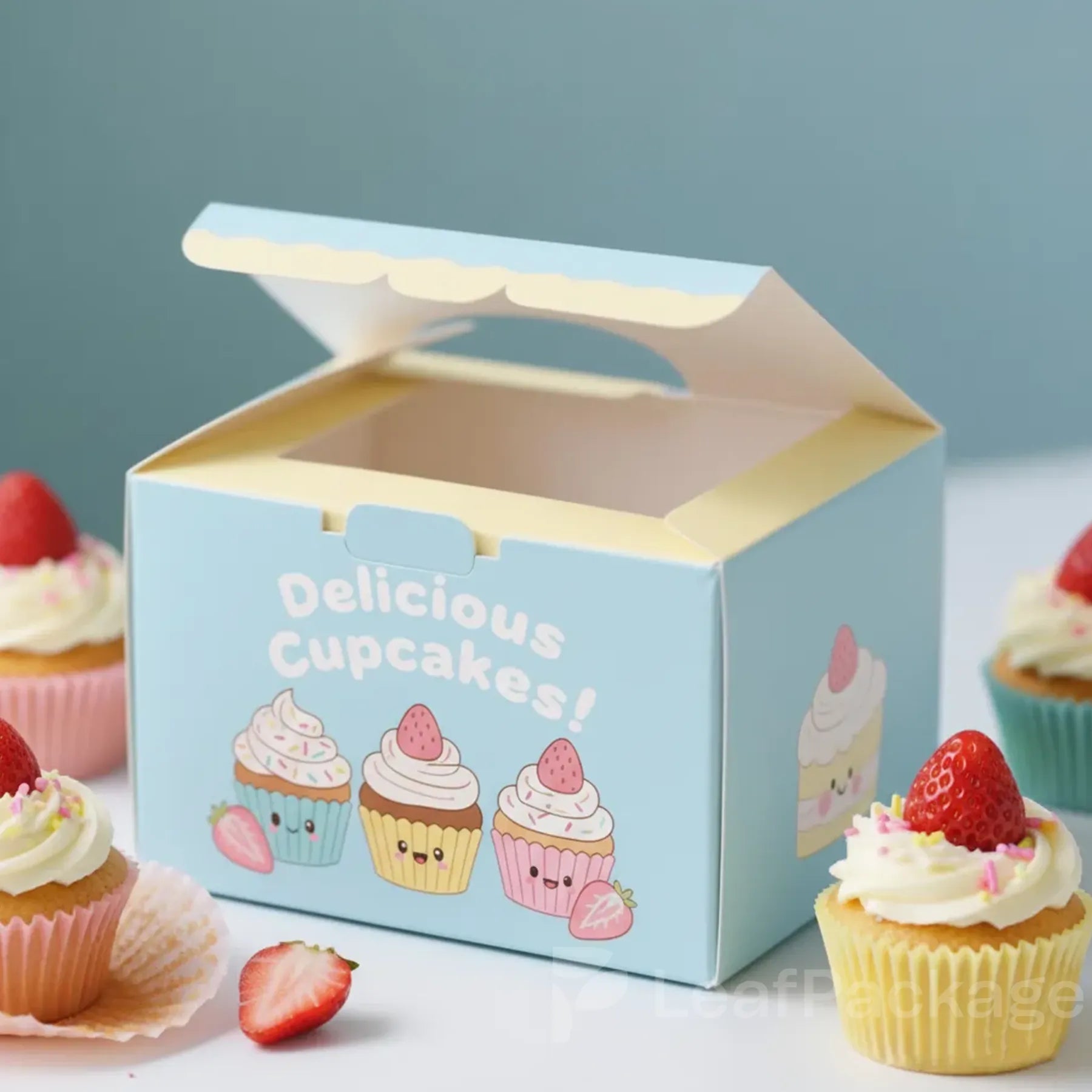 Showcase your cupcakes in style with LeafPackage’s recyclable, custom window boxes, ideal for small batch, eco-friendly packaging solutions.