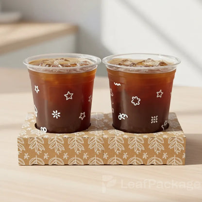LeafPackage detachable cup trays crafted from recyclable corrugated paper, FSC certified, printable surface for personalized sustainable packaging.