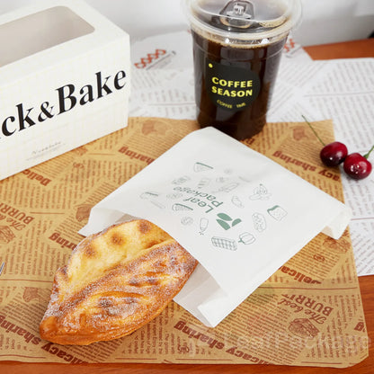 Durable grease resistant paper bags for bread and pastries, customizable with logo printing, designed for sustainable bakery packaging.
