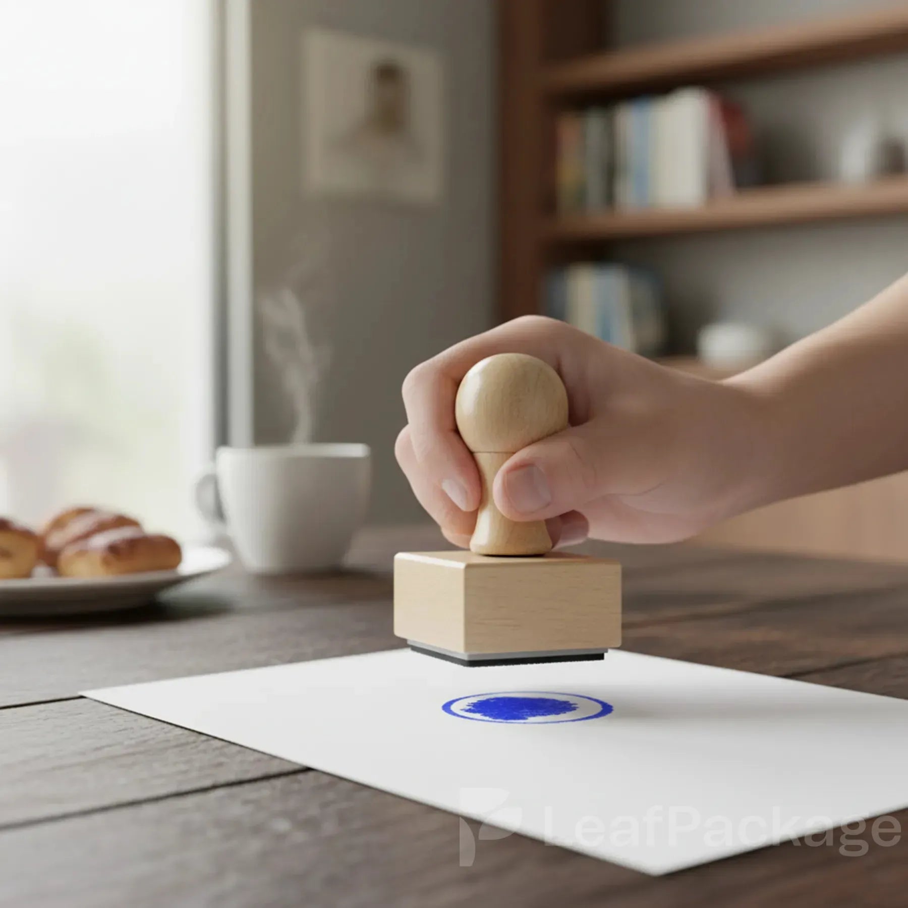 Sustainable wooden hand stamp featuring ergonomic handle and fine engraving, great for eco-friendly packaging and creative stationery design.