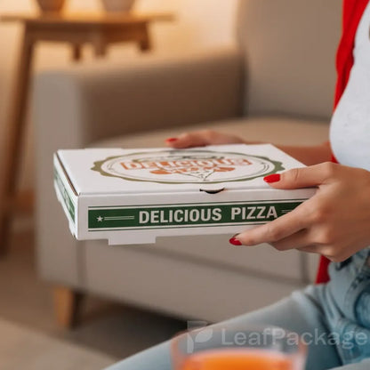 Sustainable custom pizza box made from recyclable materials, ideal for restaurants and pizzerias looking to reduce environmental impact.