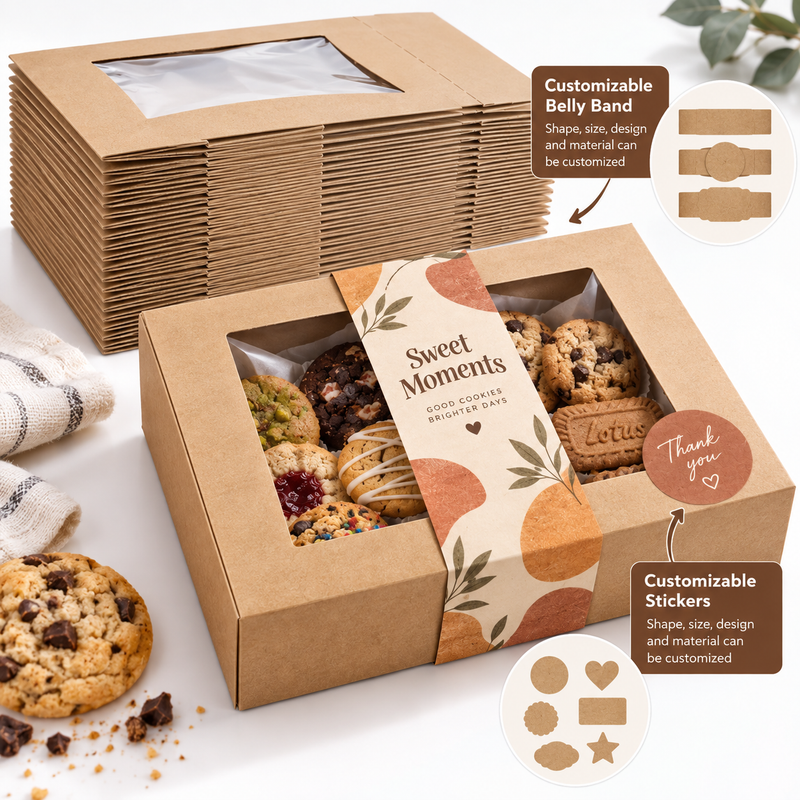 Kraft Cookie Boxes Auto Pop-Up Bakery Boxes with Window 8" x 8" x 2.5"
