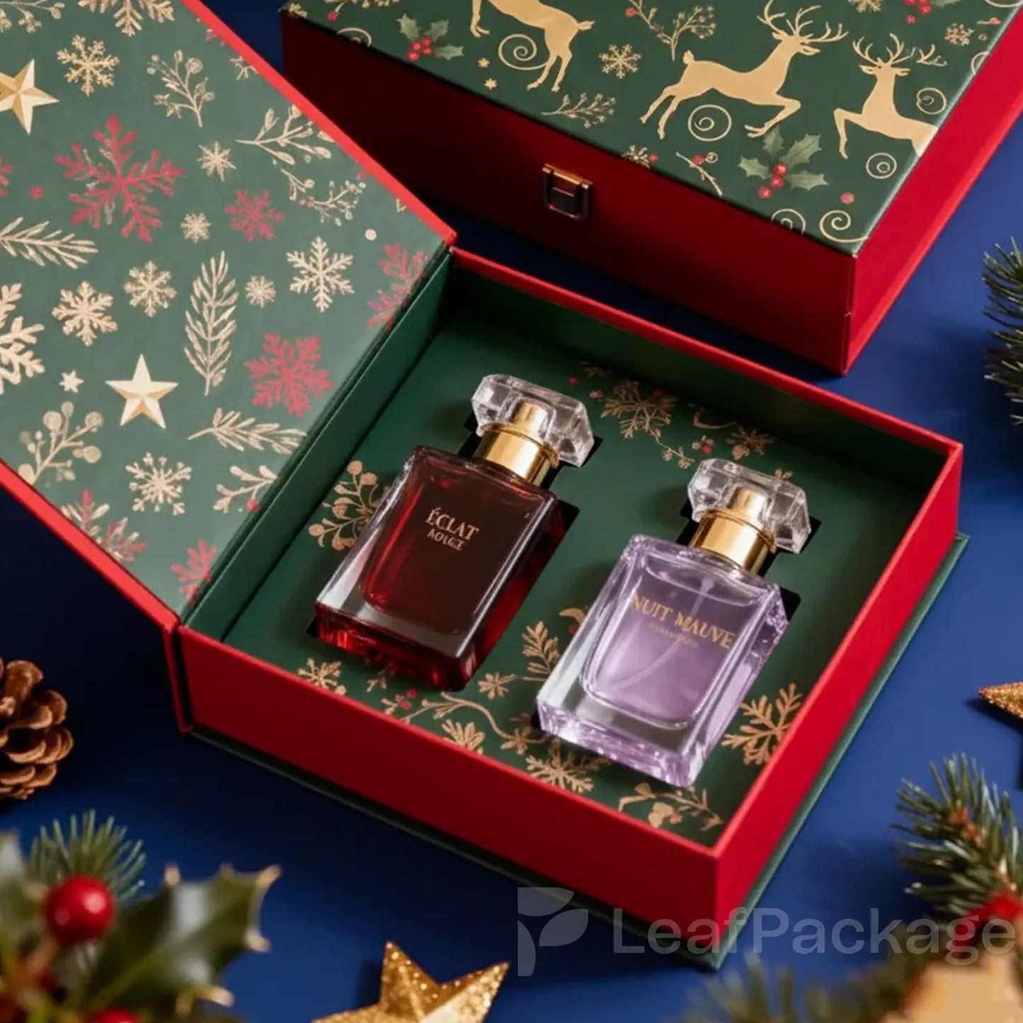 Elegant luxury perfume box made from FSC-certified eco-friendly paper, custom printed with premium finishes by LeafPackage for sustainable brands.